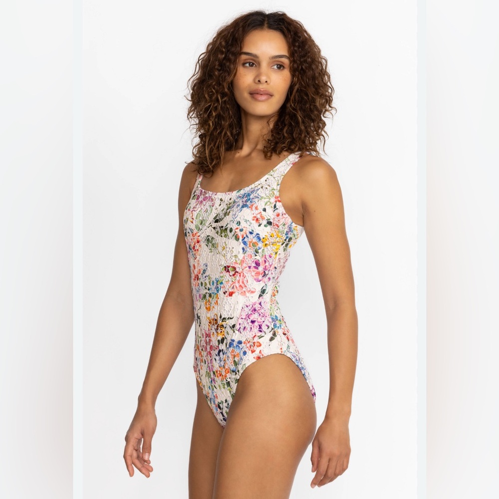 NWOT Johnny Was NEON JUNGLE EYELET ONE PIECE Size Small Floral & White Swimsuit